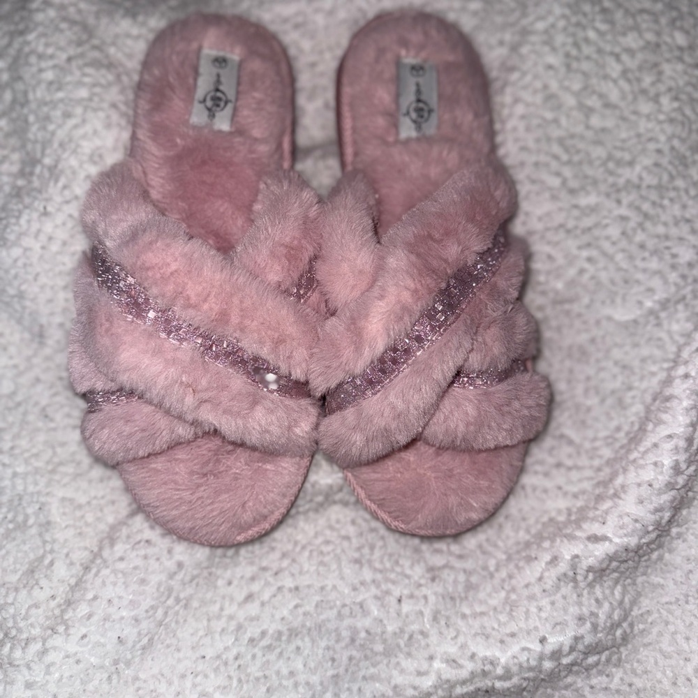 Plush Pink Slippers with Glitter Straps